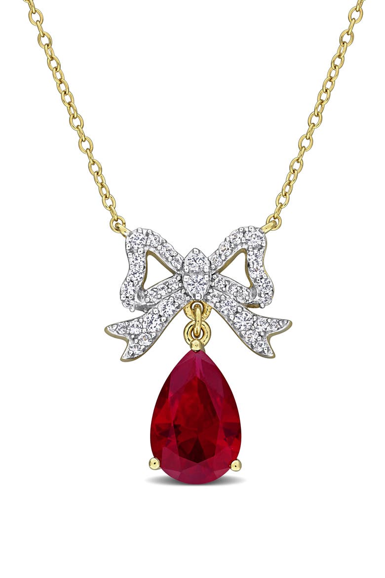 Lab Created Ruby & Labe Created White Sapphire Bow Pendant Necklace, Main, color, RED