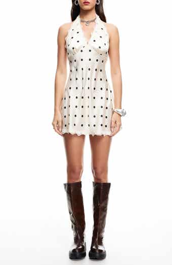 LIONESS Stars Align Polka Dot Lace Trim Halter Minidress