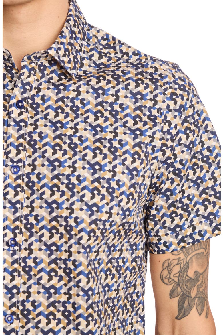 Sawyer Trim Fit Geometric Short Sleeve Button-Up Shirt, Alternate, color, NAVY TAN GEO