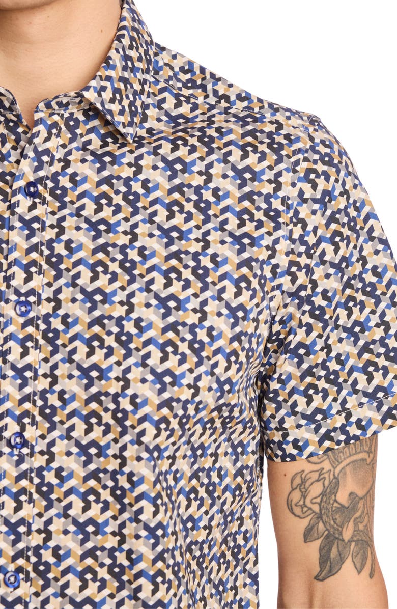 PAISLEY & GRAY Sawyer Trim Fit Geometric Short Sleeve Button-Up Shirt, Alternate, color, Navy Tan Geo