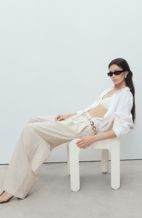 Mango Stripe Cotton Wide Leg Pants In White