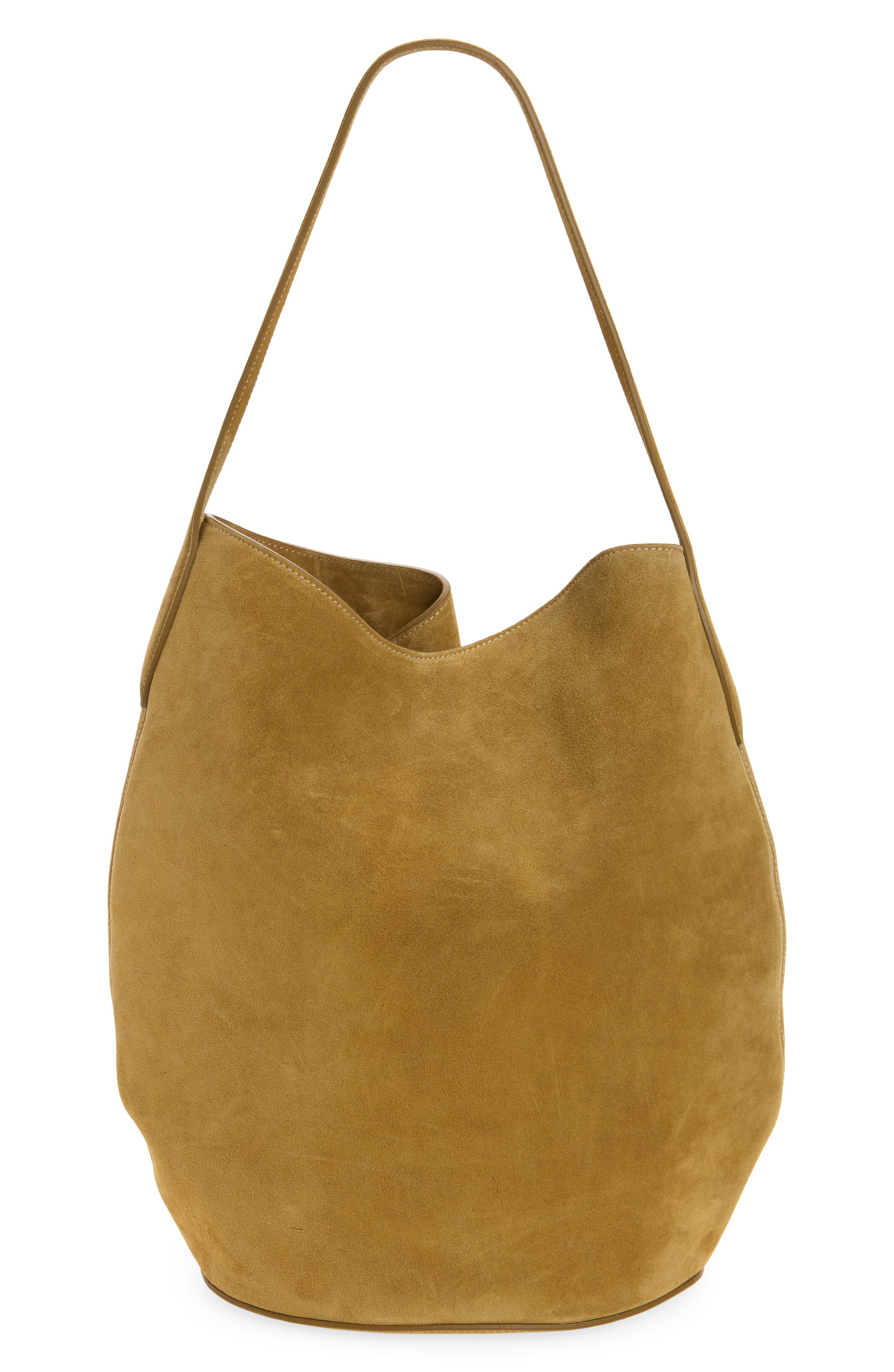 Large Belted Suede Bucket Bag, Alternate, color, SAND