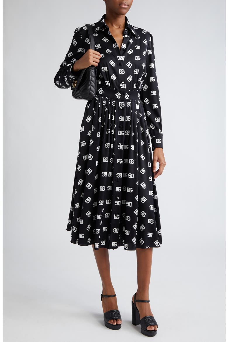 Pleated Monogram Logo Long Sleeve Stretch Silk Charmeuse Midi Dress, Alternate, color, BLACK