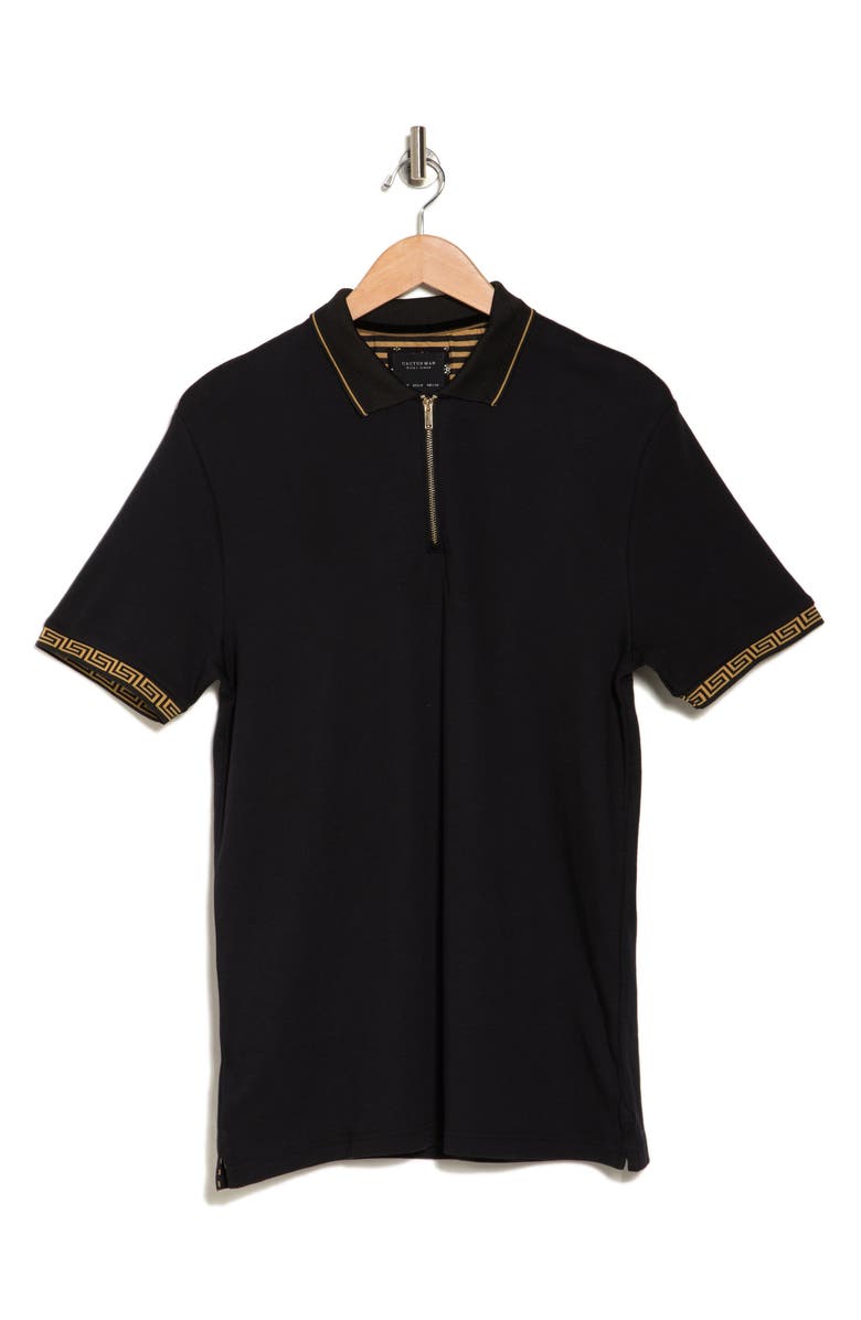 DENIM AND FLOWER Tipped Zip Cotton Polo, Alternate, color, Black