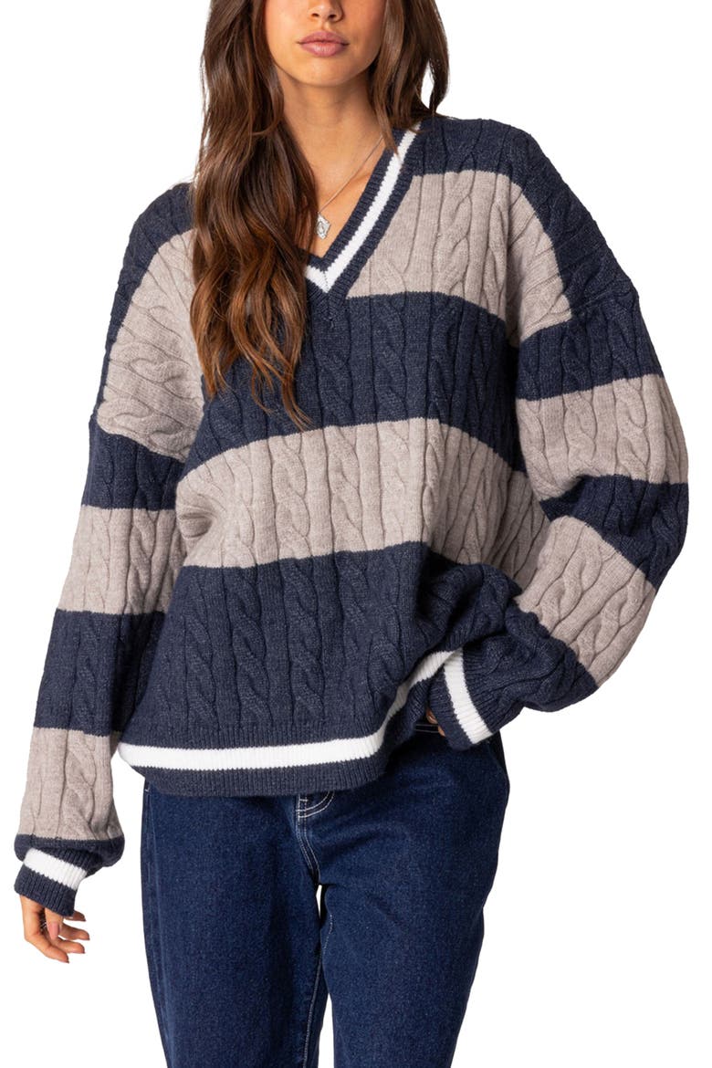 Romie Cable Knit V-Neck Sweater, Main, color, NAVY