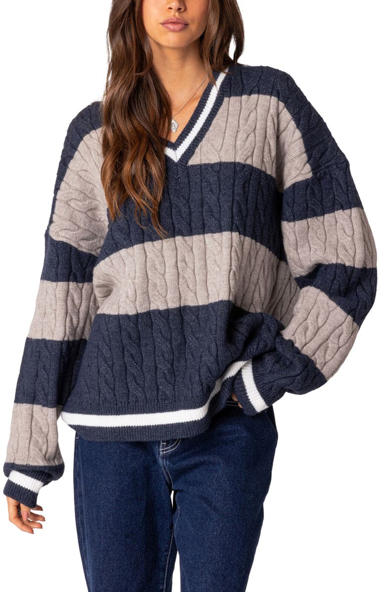 EDIKTED Romie Cable Knit V-Neck Sweater, Main, color, Navy
