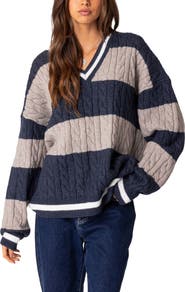EDIKTED Romie Cable Knit V-Neck Sweater