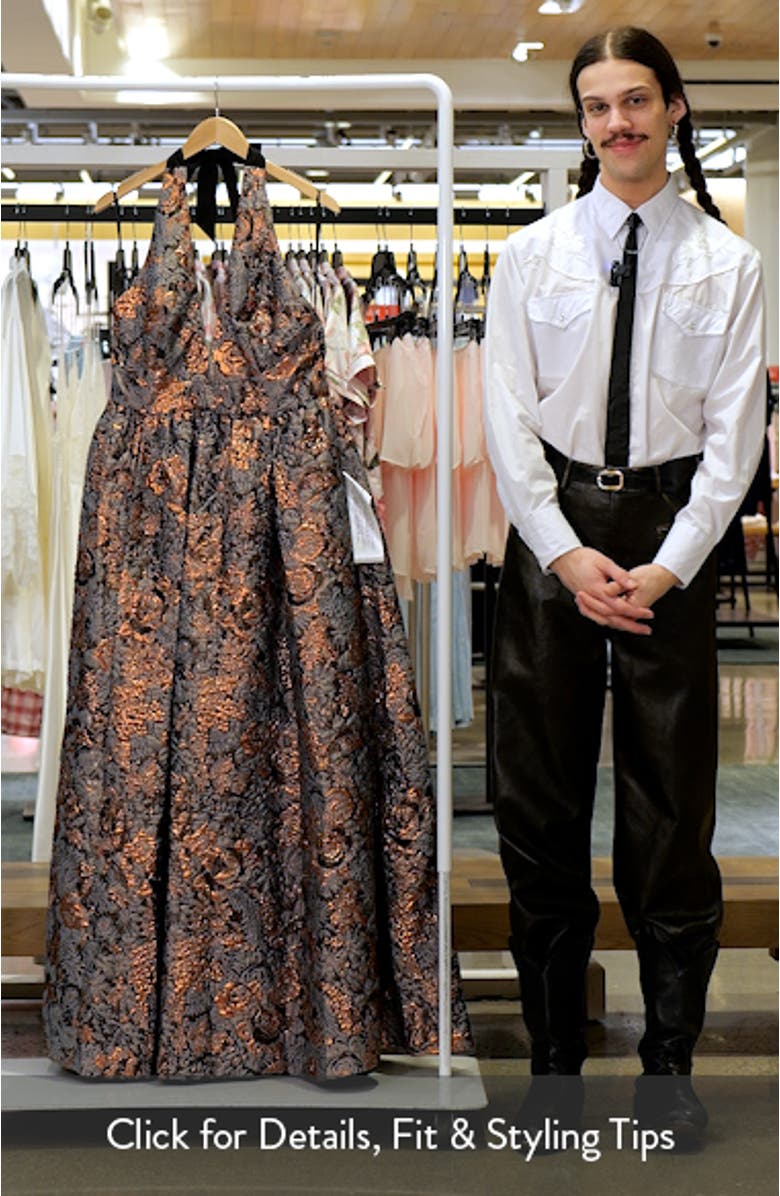 Christina Metallic Floral Jacquard Plunge Halter Neck Gown, sales video thumbnail