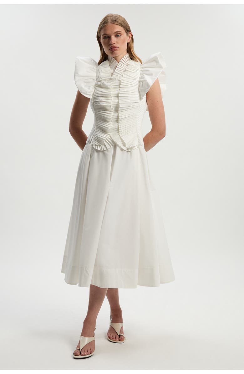 Karen Millen Pleated Ruffle Sleeve Woven Midi Dress, Main, color, Ivory