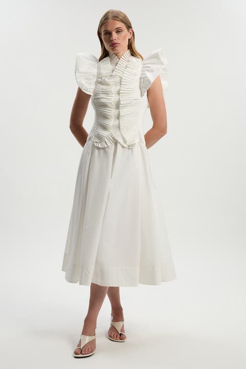 Pleated Ruffle Sleeve Woven Midi Dress