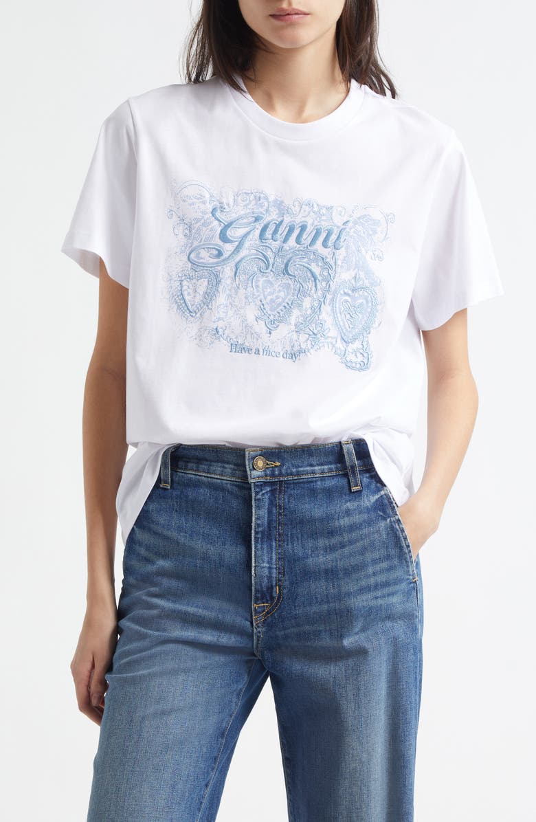 Ganni Embroidered Logo Organic Cotton T-Shirt, Main, color, 