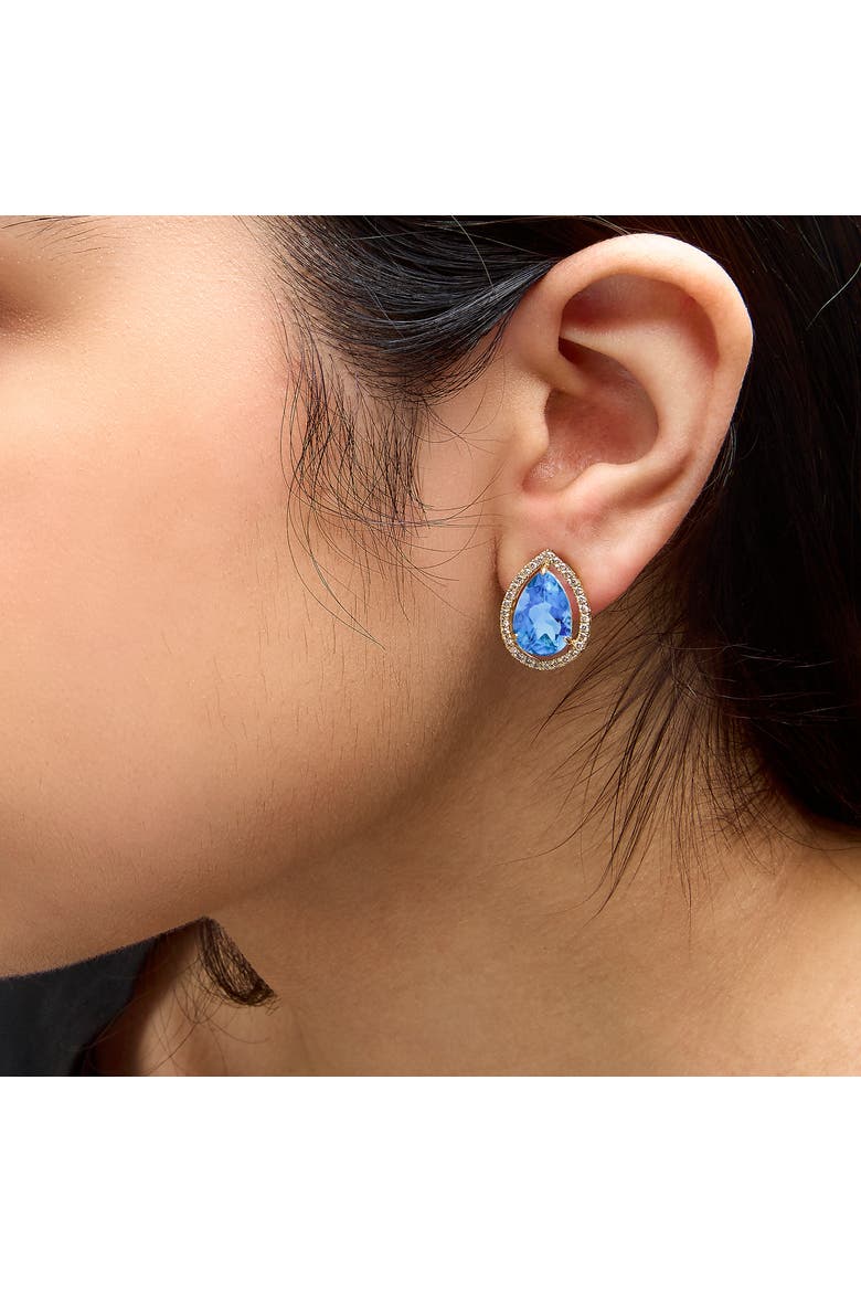 18K Yellow Gold 9x13 MM Blue Flourite Pear Halo Stud Earrings 1/2 Cttw Diamond, Alternate, color, Yellow Gold