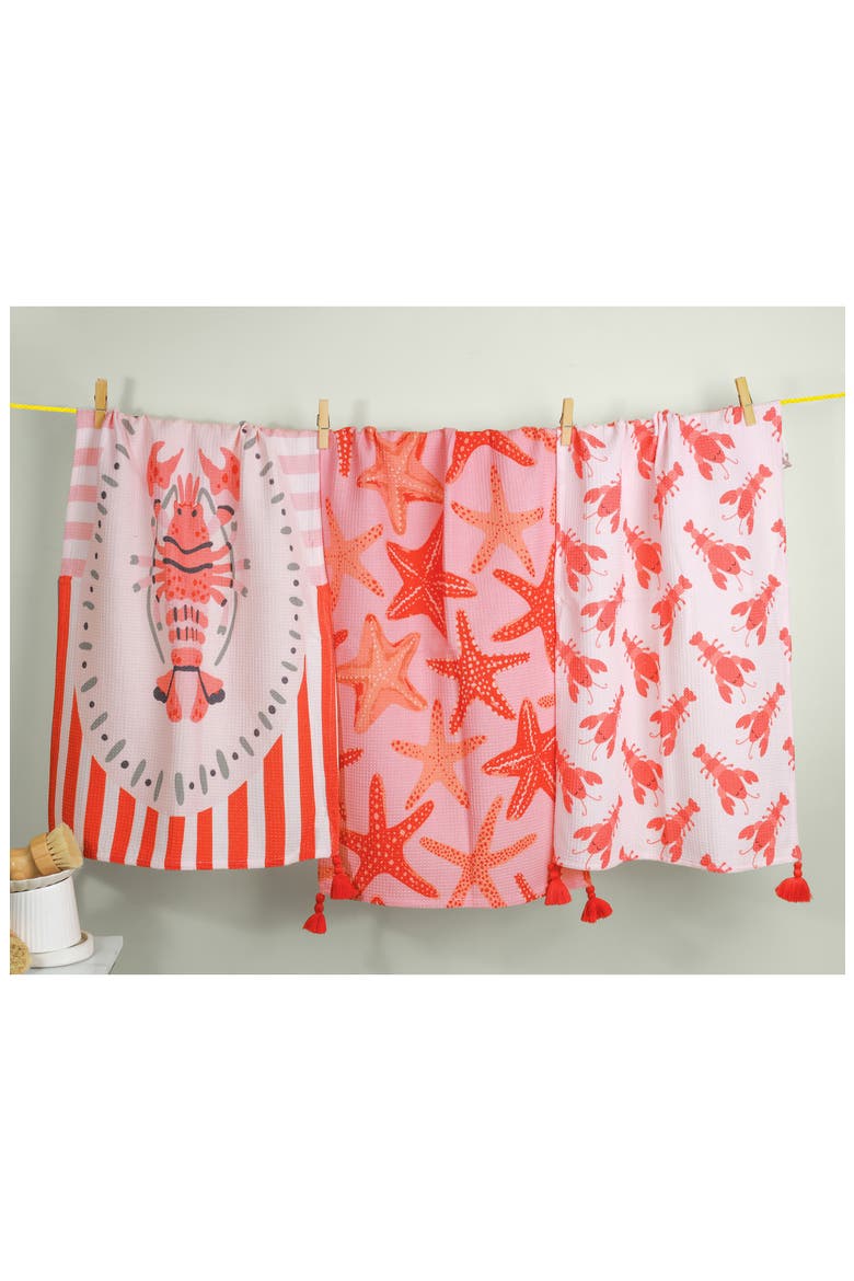 Set of Three Coastal Lobster Kitchen Towels, Alternate, color, CORAL RED/ LIGHT PINK
