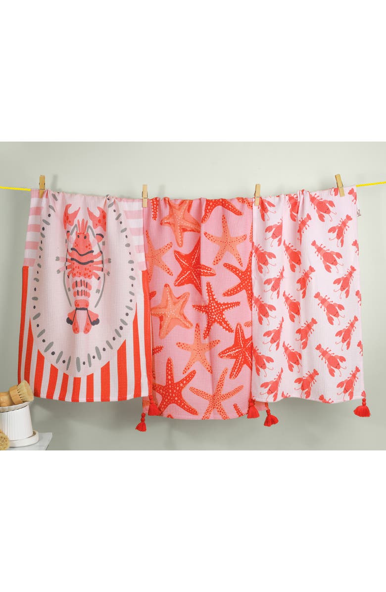 Tiramisu Set of Three Coastal Lobster Kitchen Towels, Alternate, color, Coral Red/ Light Pink