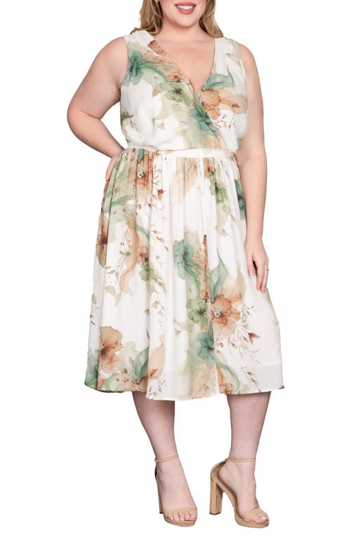 Standards & Practices Floral Print Faux Wrap V Neck Midi Dress In Egfloral