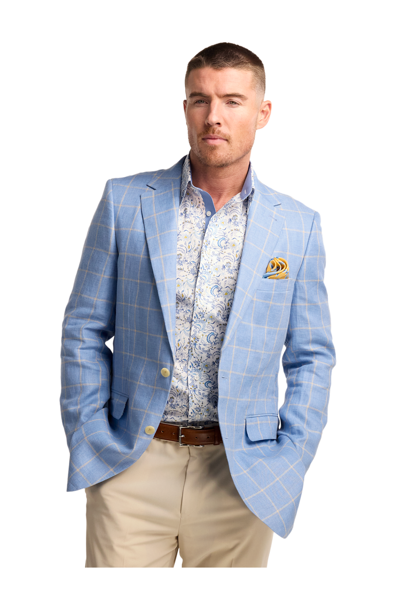 Linen Blend Windowpane Single Breasted Notch Lapel Sport Coat, Alternate, color, Blue/Yellow