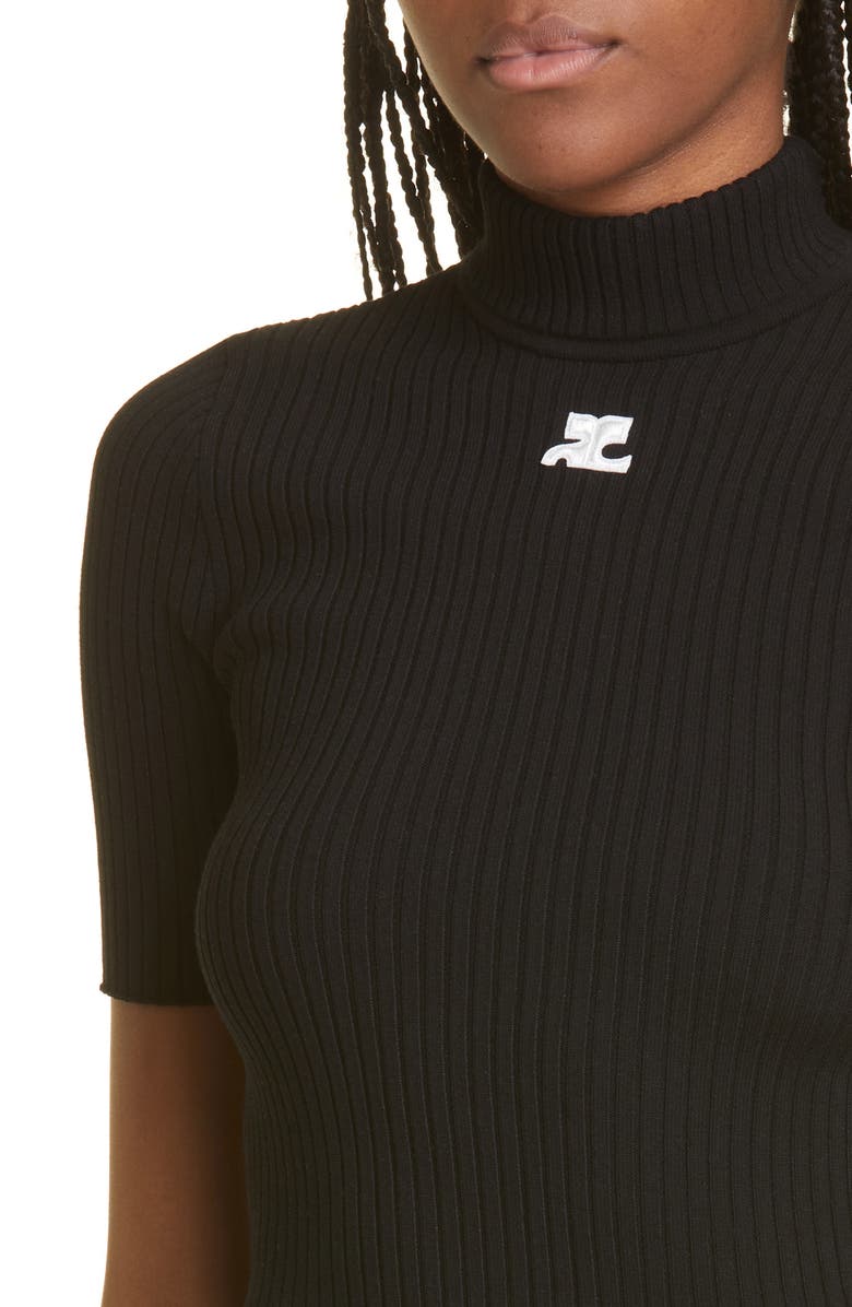 Courrèges Embroidered Logo Mock Neck Rib Sweater, Alternate, color, Black