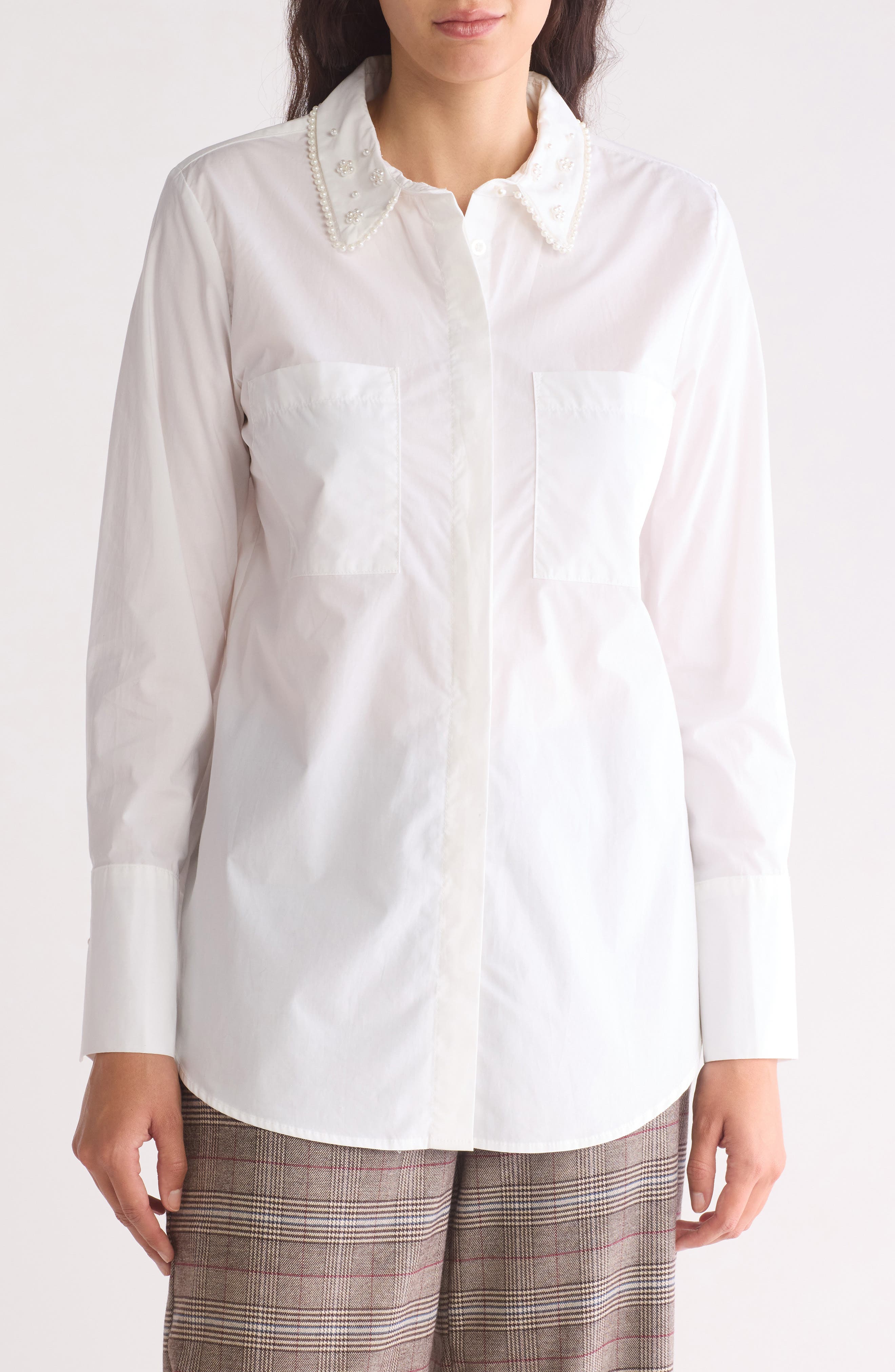 Ellen Tracy Beaded Collar Button-Up Shirt