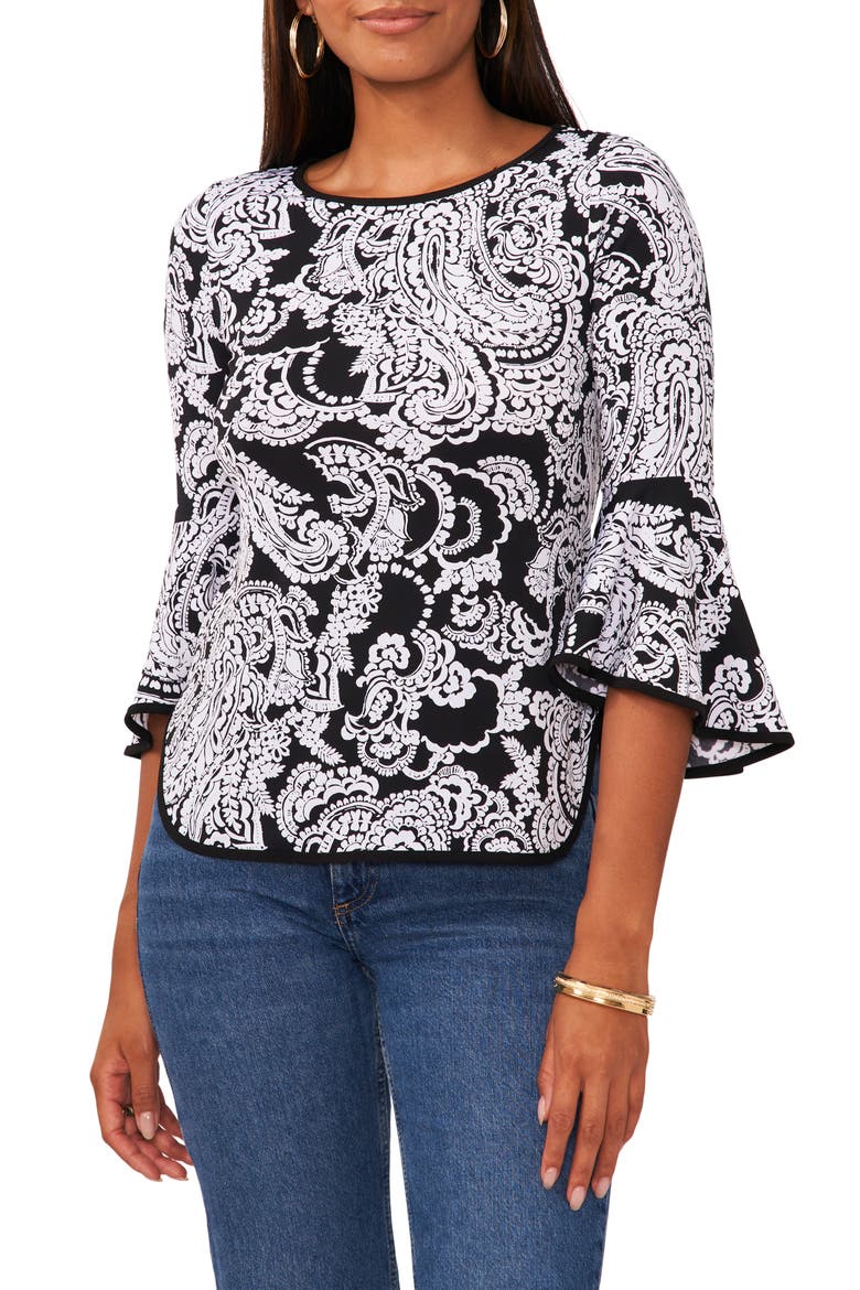 Paisley Print Bell Sleeve Top, Main, color, BLACK/ WHITE