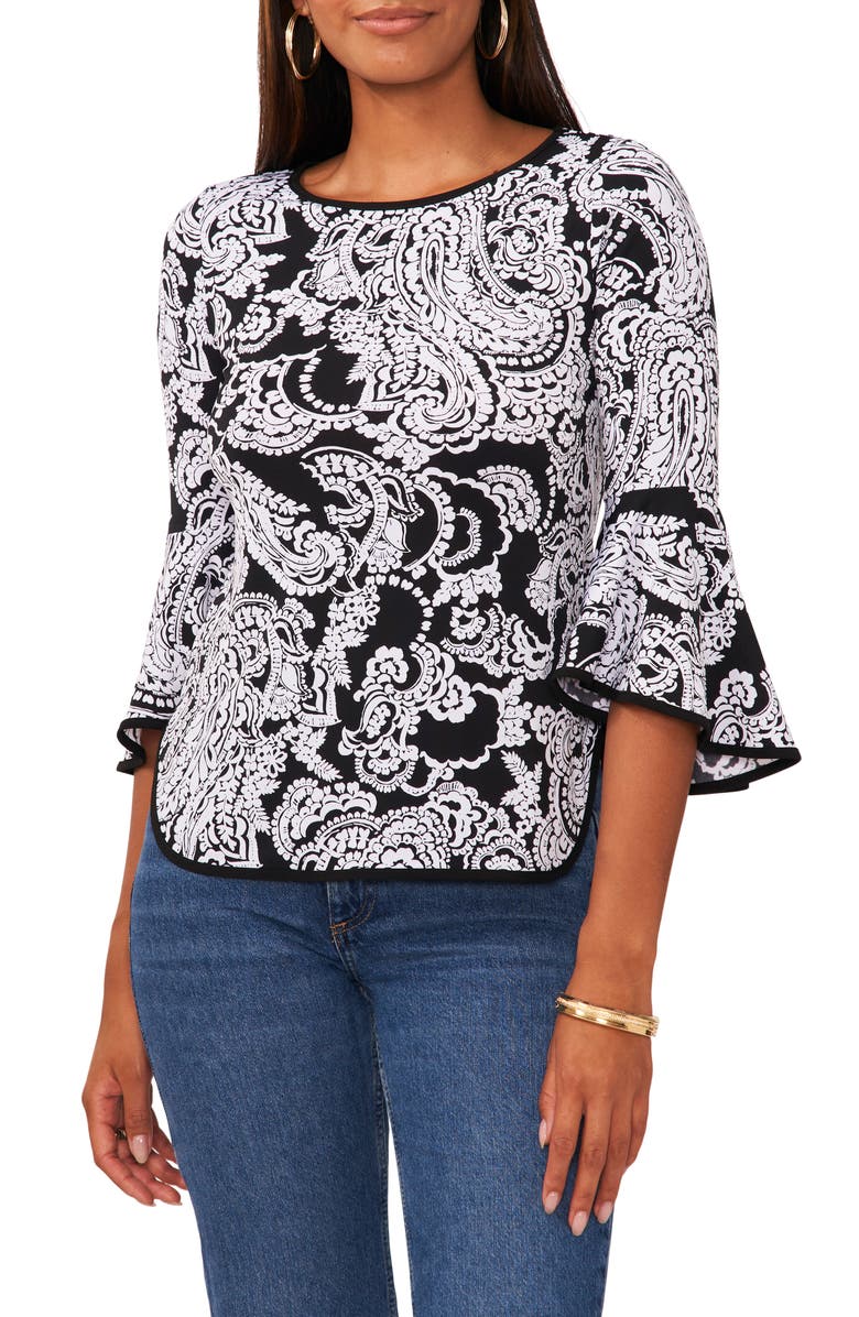 Chaus Paisley Print Bell Sleeve Top, Main, color, Black/ White