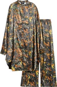 Dressed in Lala Camo Leaf Print Oversize Satin Button-Up Shirt & Pants Set
