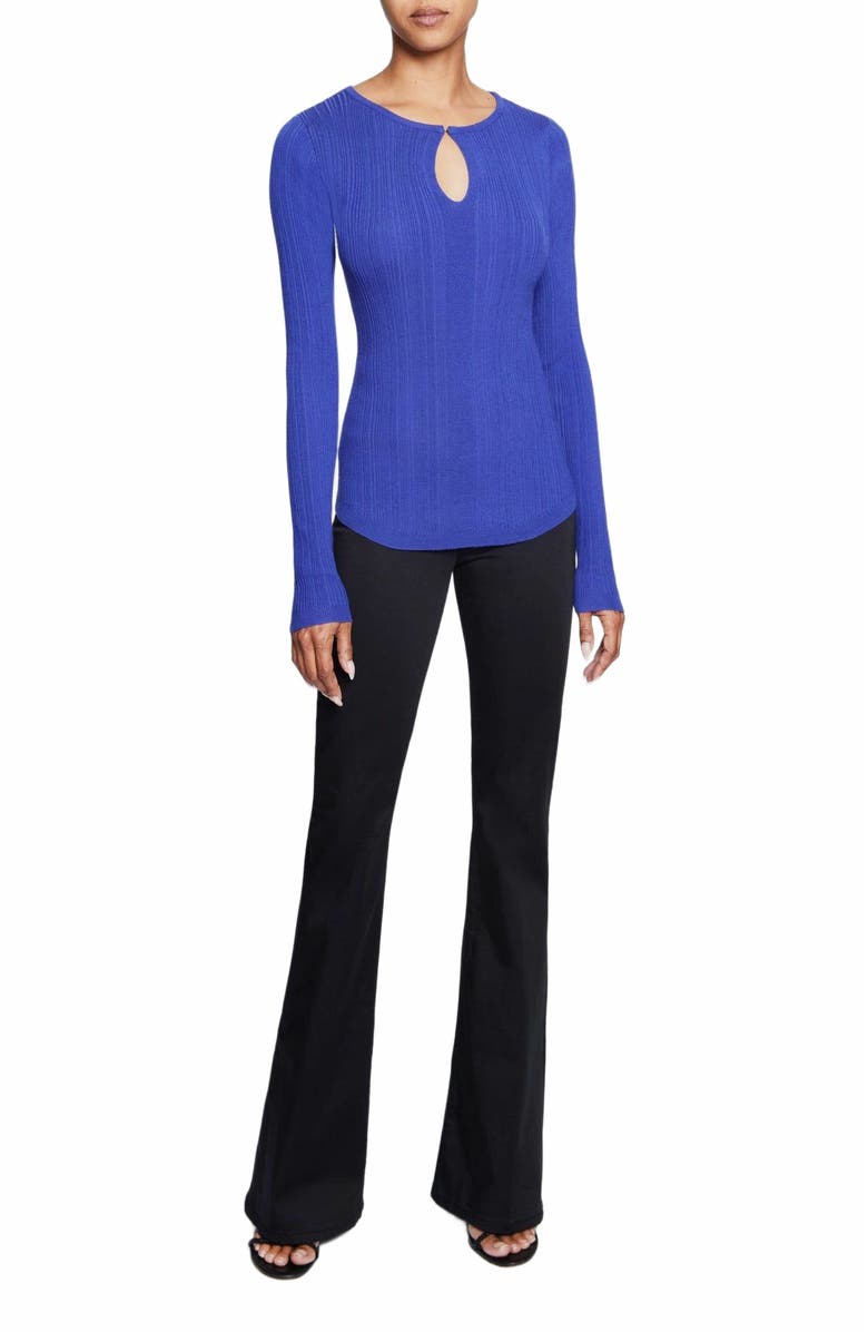 Santorelli CHARLENE Ribbed Keyhole Knit Top in Merino Wool, Alternate, color, Violet Blue
