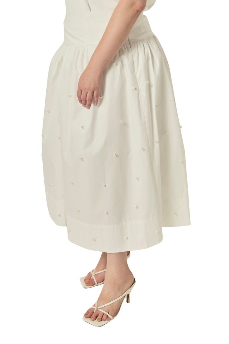 Imitation Pearl Studded Cotton Poplin Midi Skirt, Alternate, color, WHITE