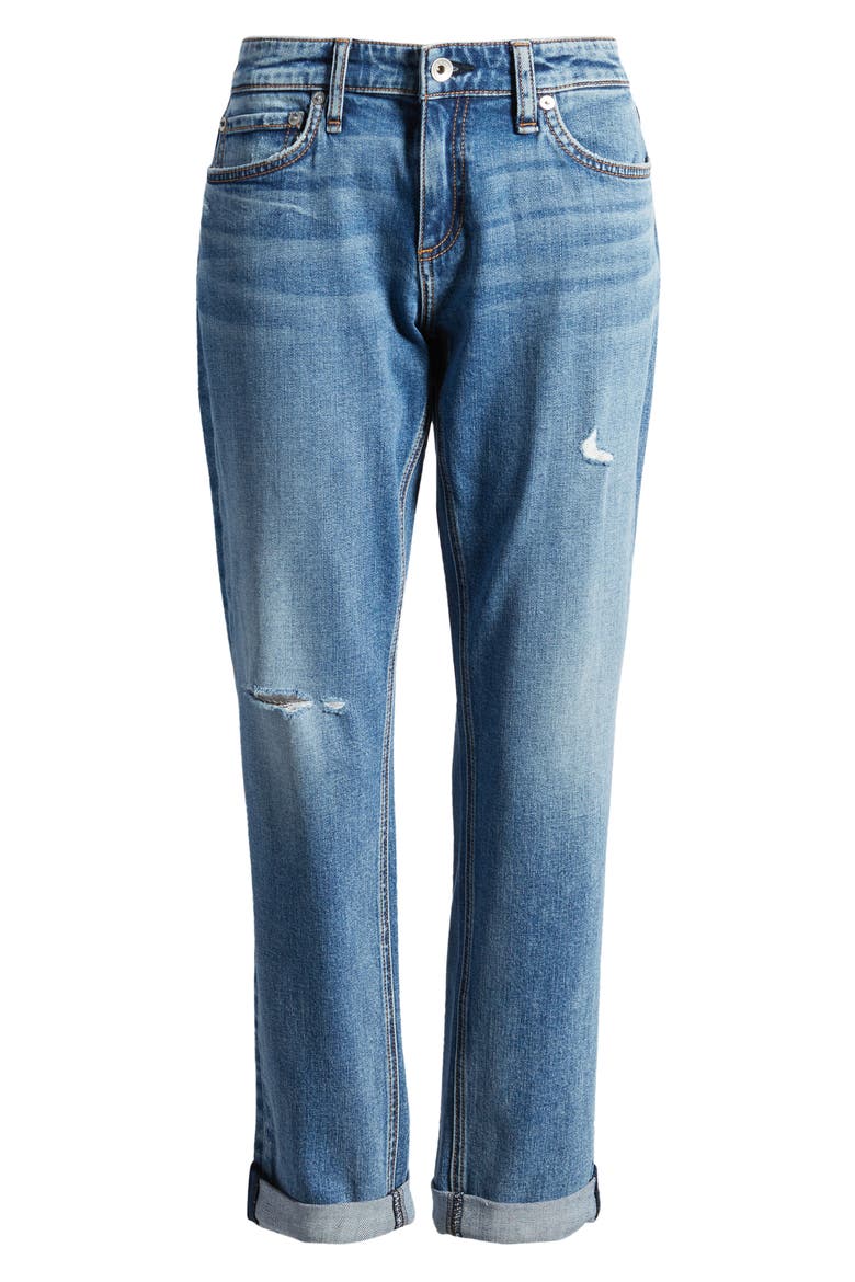 Dre Distressed Low Rise Slim Boyfriend Jeans, Alternate, color, BLUE RIVER