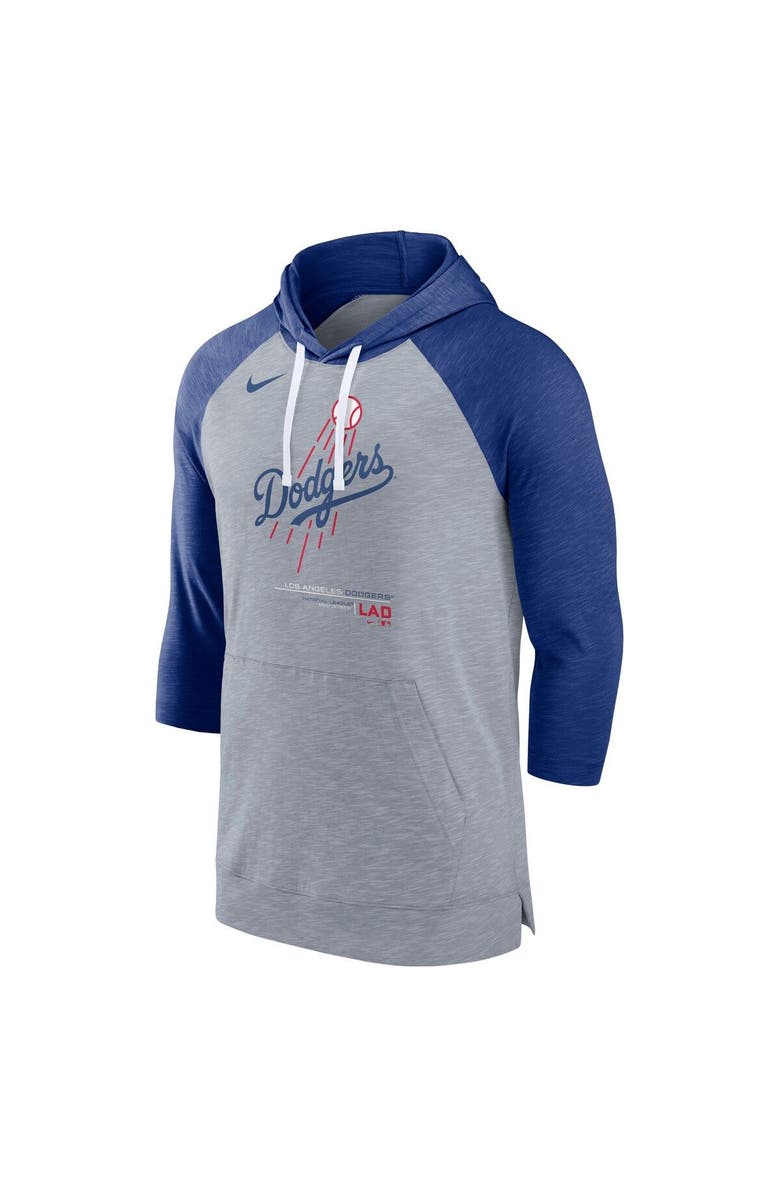 Nike Men's Nike Heather Gray/Heather Royal Los Angeles Dodgers Baseball Raglan 3/4-Sleeve Pullover Hoodie, Alternate, color, 