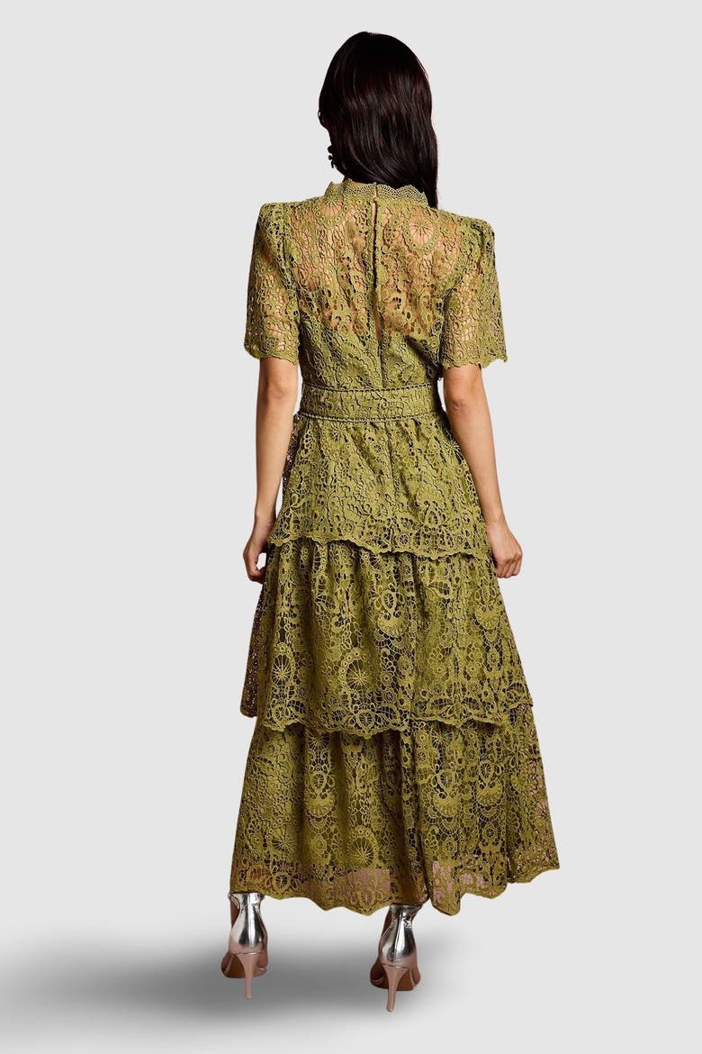 Short Sleeve Tiered Lace Midi Dress, Alternate, color, Olive