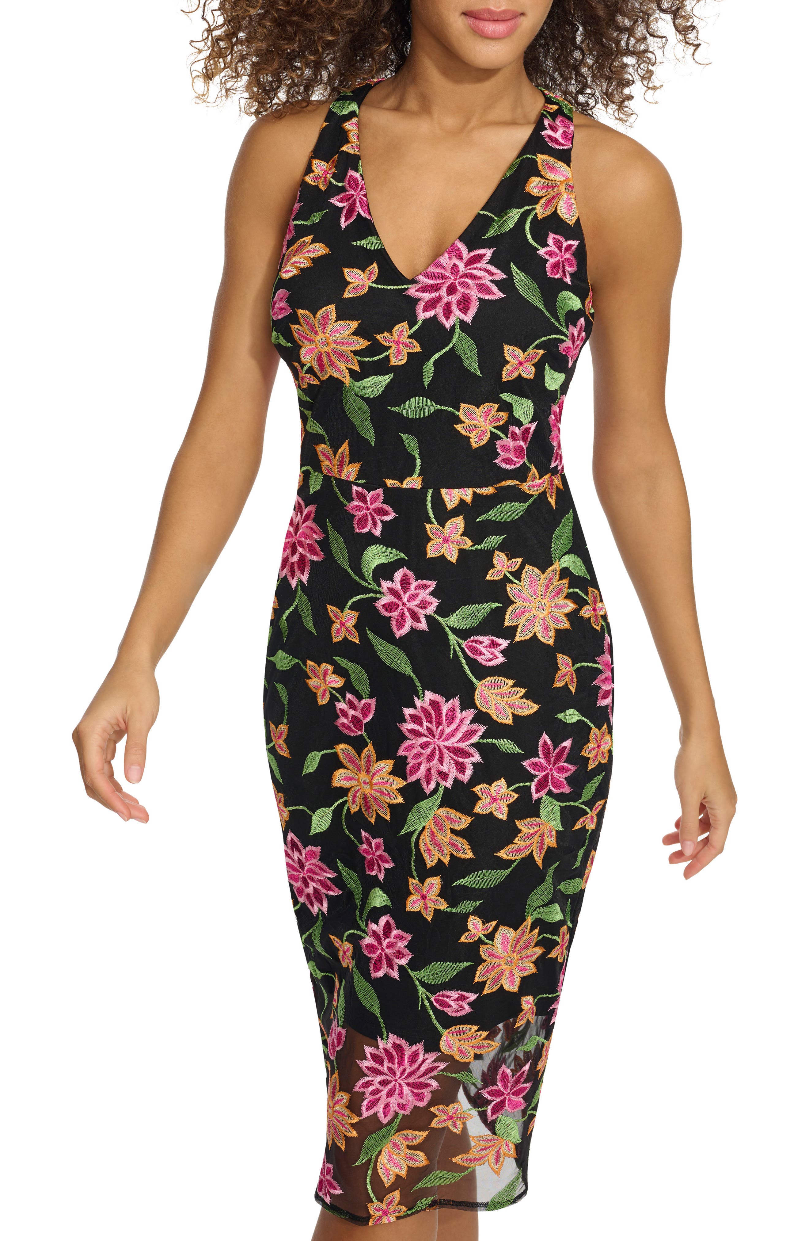 Floral Embroidered Mesh Sheath Dress