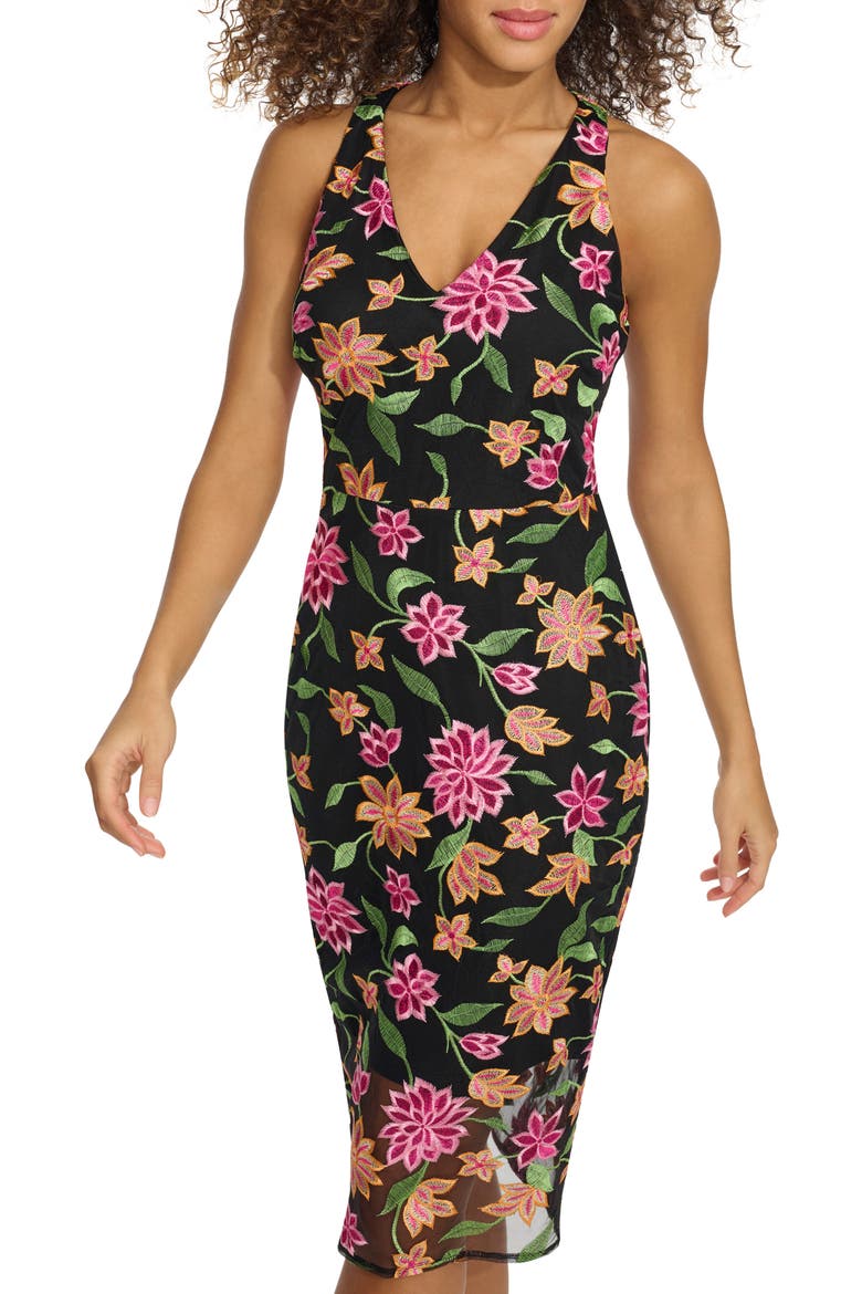 Floral Embroidered Mesh Sheath Dress, Alternate, color, BLACK MULTI