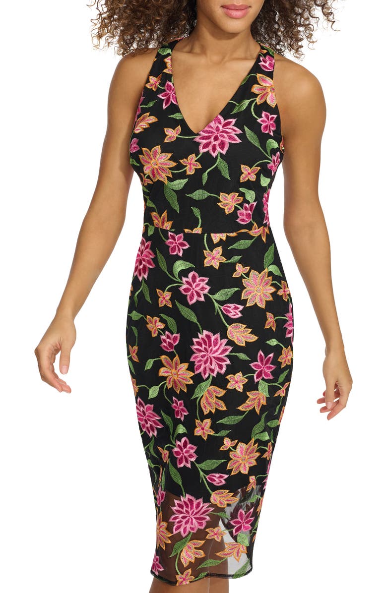 Siena Floral Embroidered Mesh Sheath Dress, Alternate, color, Black Multi