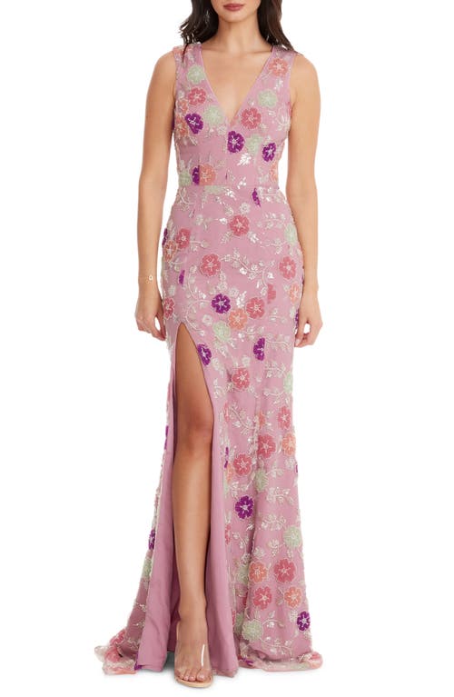 Dress the Population Sandra Floral Beaded Trumpet Gown in Orchid Multi 