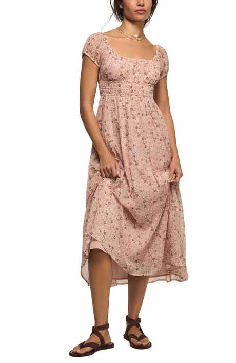 Smocked Floral Print Midi Dress