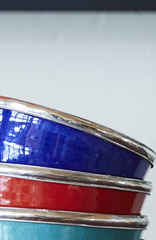 Verve Culture Set Of Moroccan Glazed Bowls With Berber Silver Trim In Multicolor