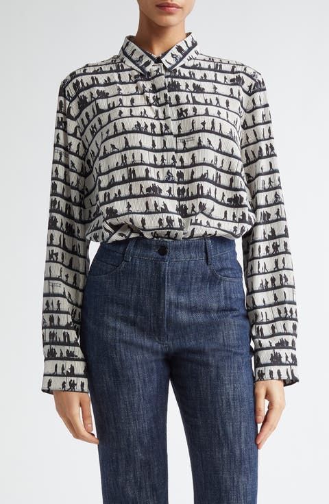 People Print Silk Crêpe de Chine Button-Up Shirt