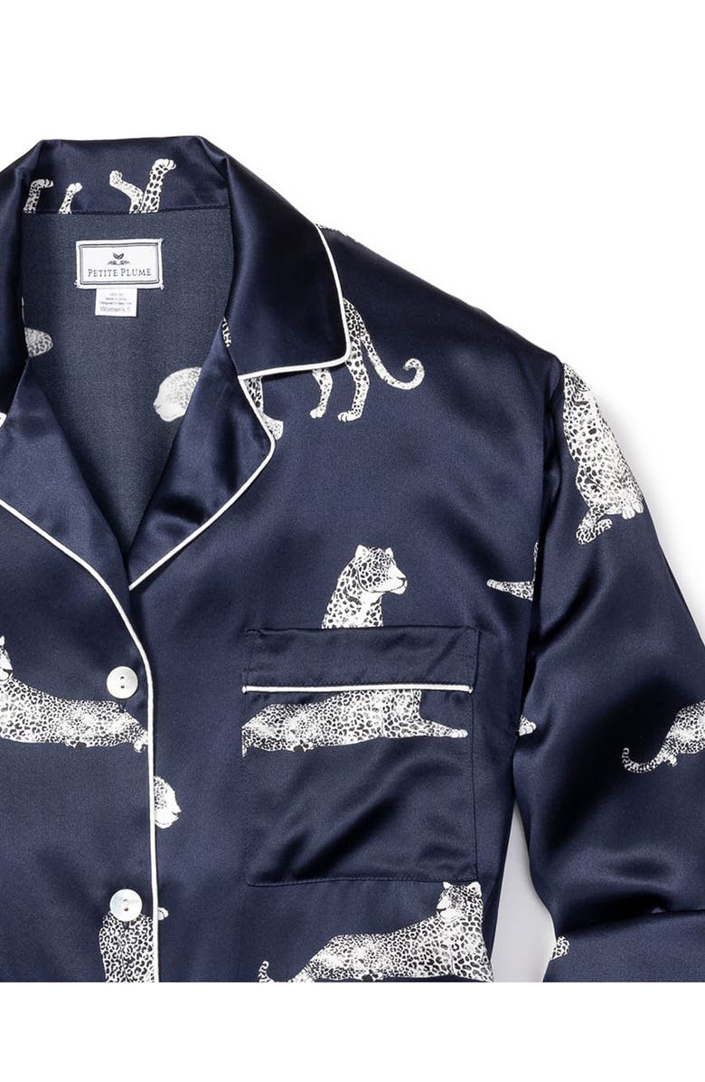 Petite Plume Panthre de Nuit Piped Silk Pajamas, Alternate, color, Navy