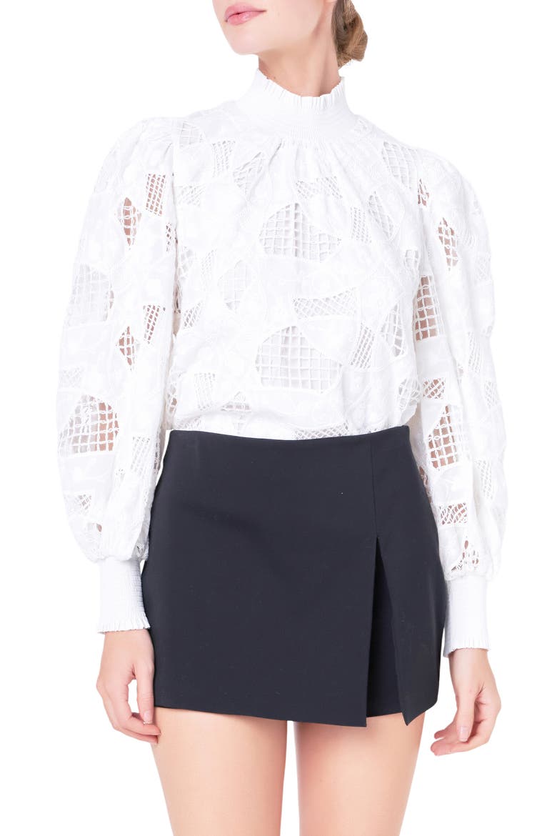 Smocked Embroidered Cotton Top, Main, color, WHITE
