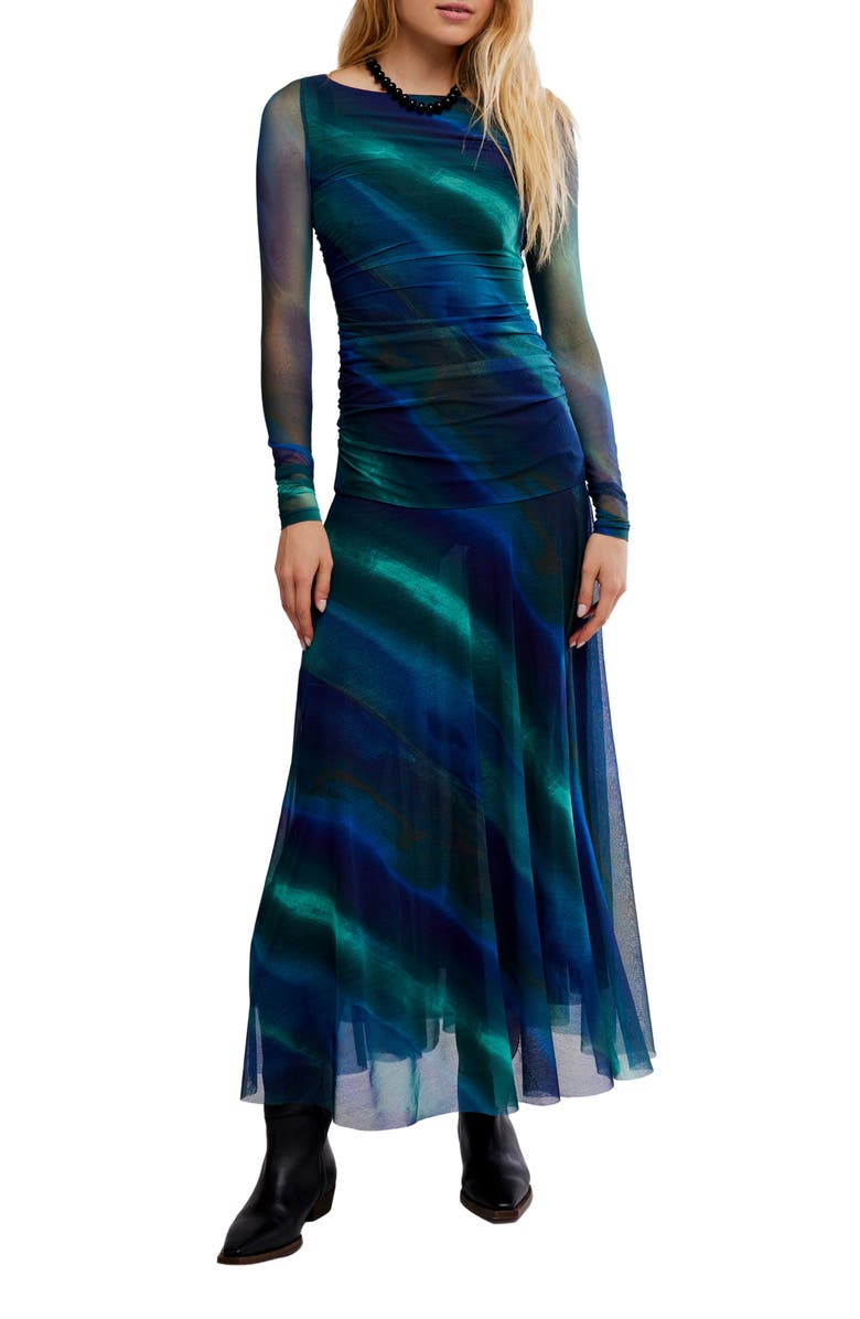 Free People Sunnei Long Sleeve Mesh Dress, Main, color, Deep Ocean Combo