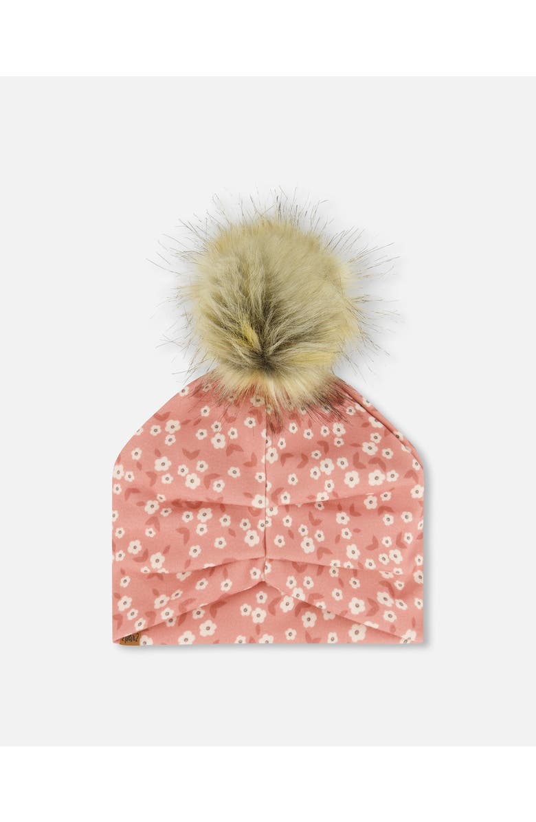 Deux par Deux Girl's Printed Jersey Detachable Pompom Hat Small White Flowers On Pale Pink, Alternate, color, White Flowers On Pale Pink