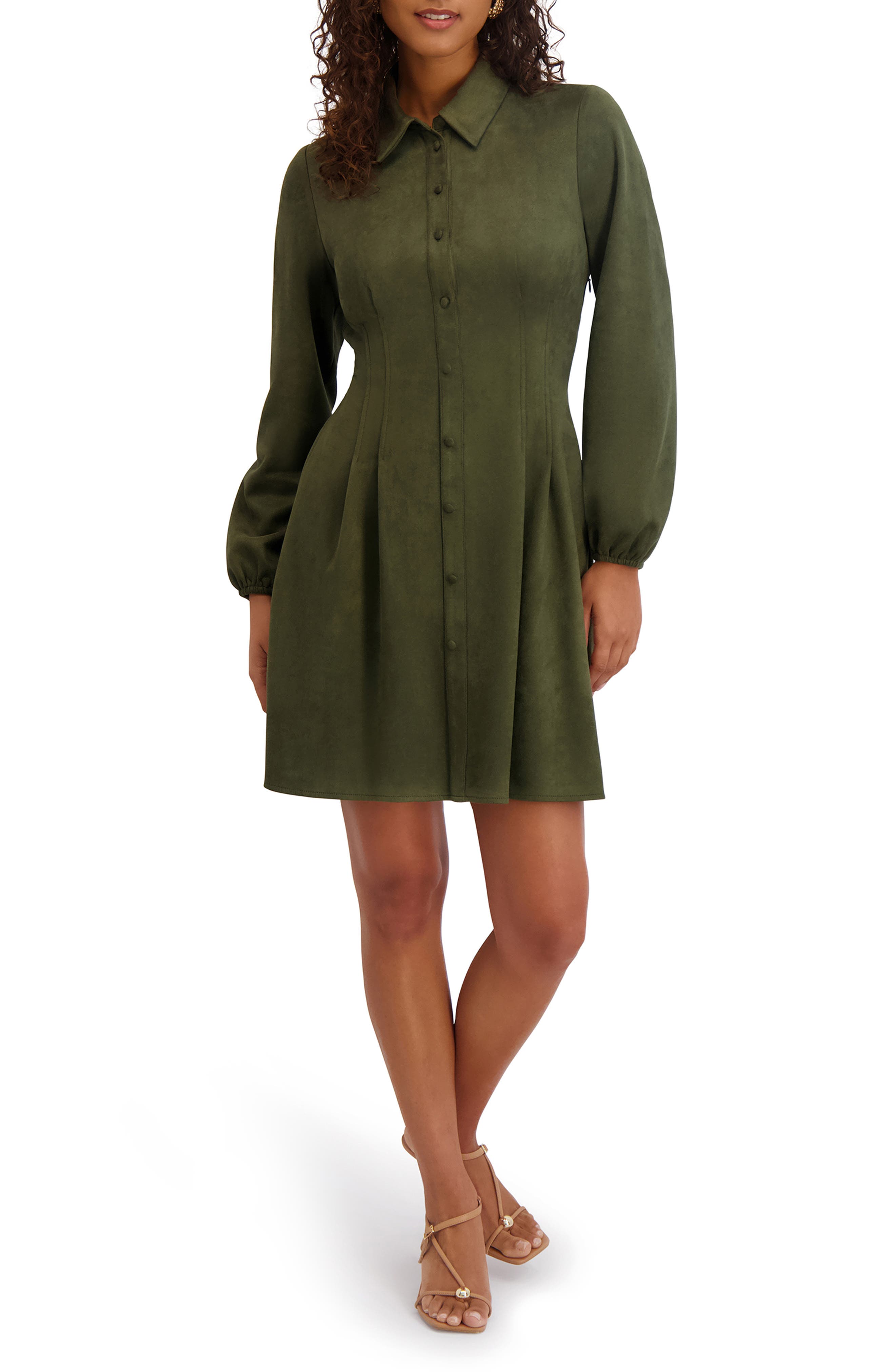 Faux Suede Long Sleeve Shirtdress