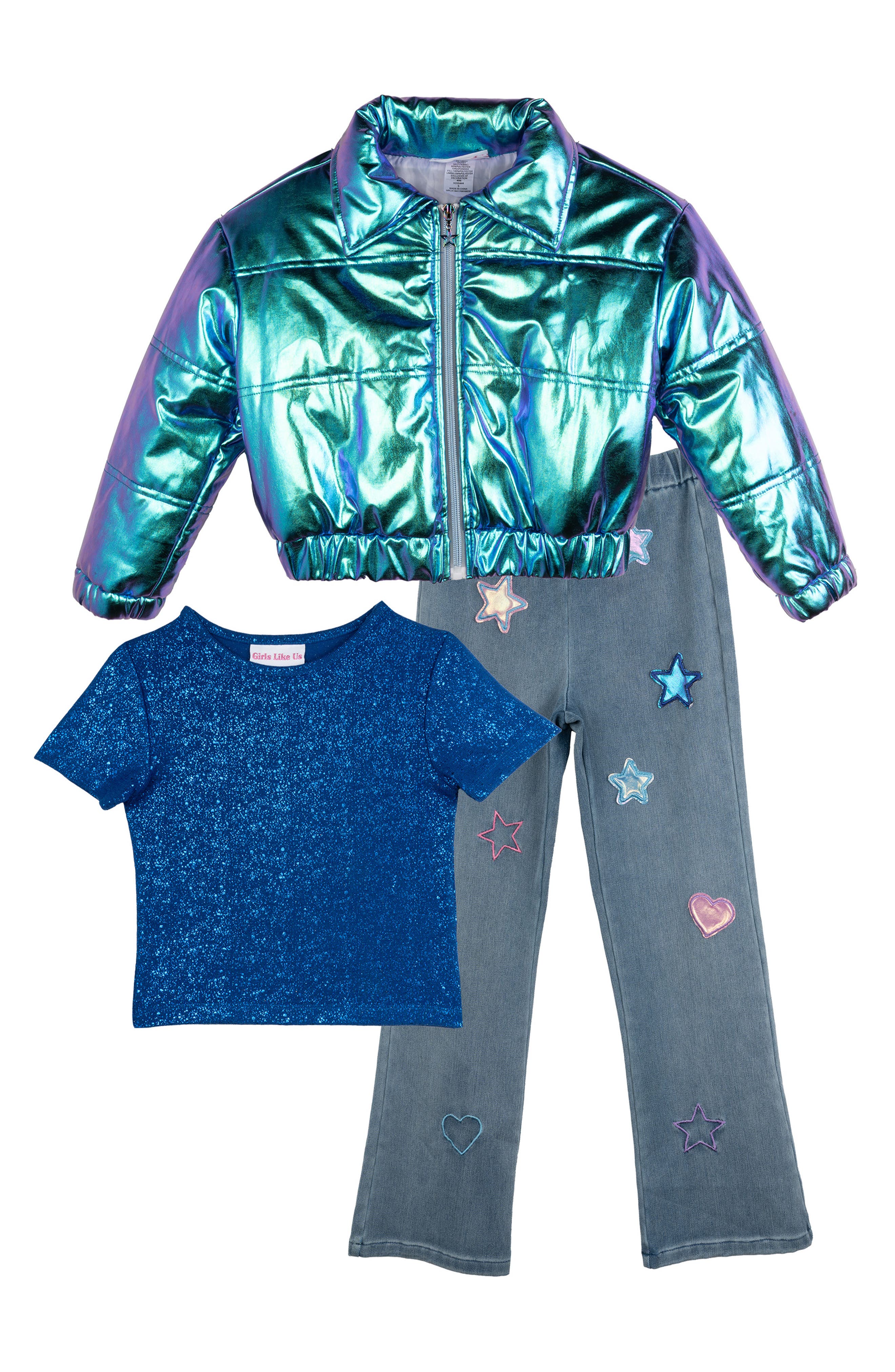 Kids' Puffer Jacket, T-Shirt & Jeans Set