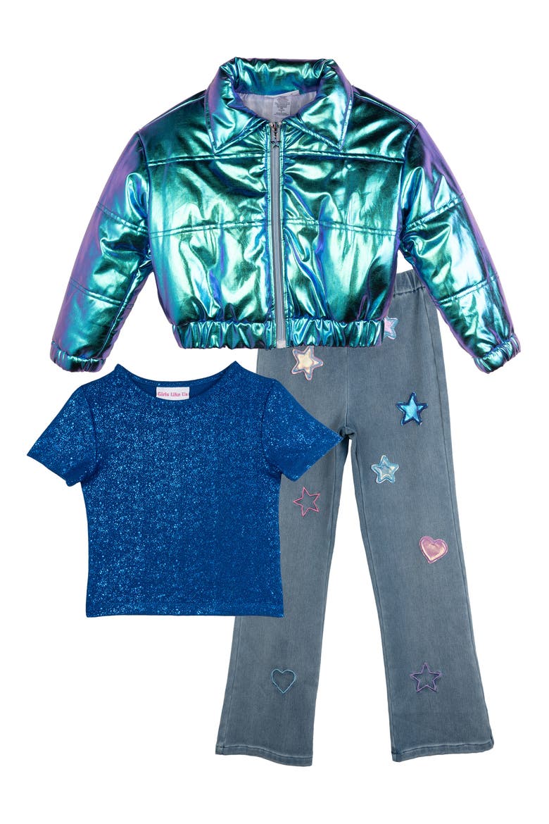 Kids' Puffer Jacket, T-Shirt & Jeans Set, Main, color, DARK BLUE