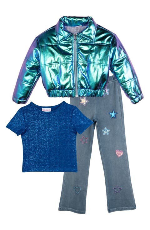 Kids' 3-Piece Puffer Jacket, Top & Jeans Set