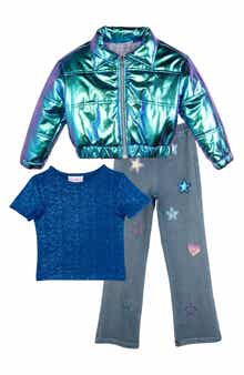 Kids' Puffer Jacket, T-Shirt & Jeans Set
