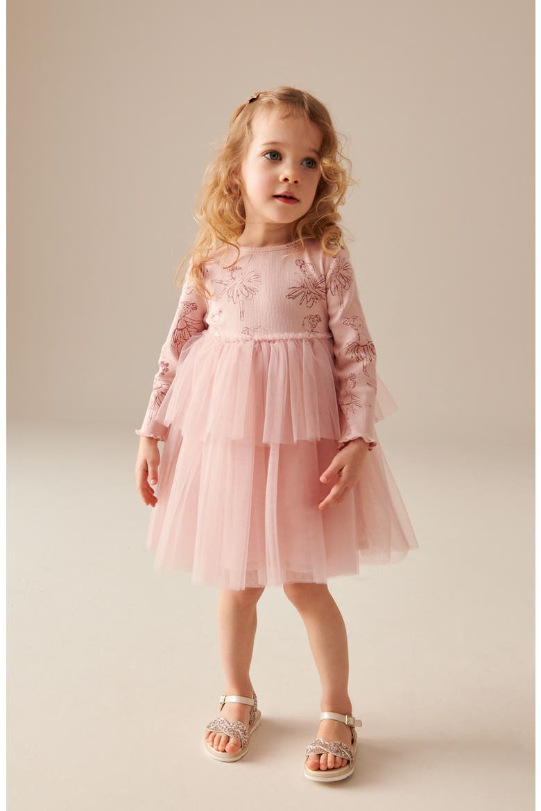 Kids' Ballet Print Long Sleeve Tulle Dress, Alternate, color, PINK