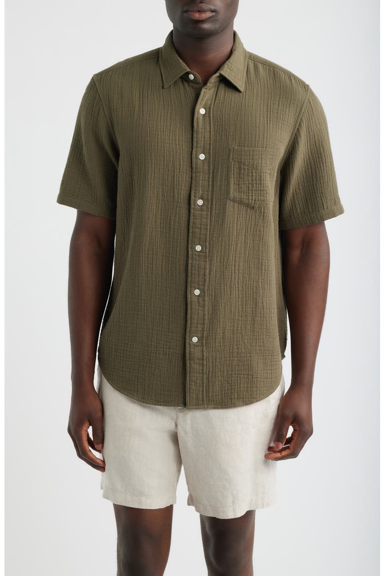 Duo Gauze Short Sleeve Cotton Button-Up Shirt, Main, color, OLIVE TUNDRA