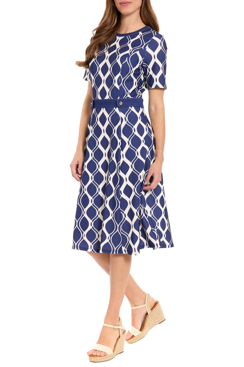 Short Sleeve Side Tab Fit & Flare Dress, Alternate, color, NAVY/ IVORY
