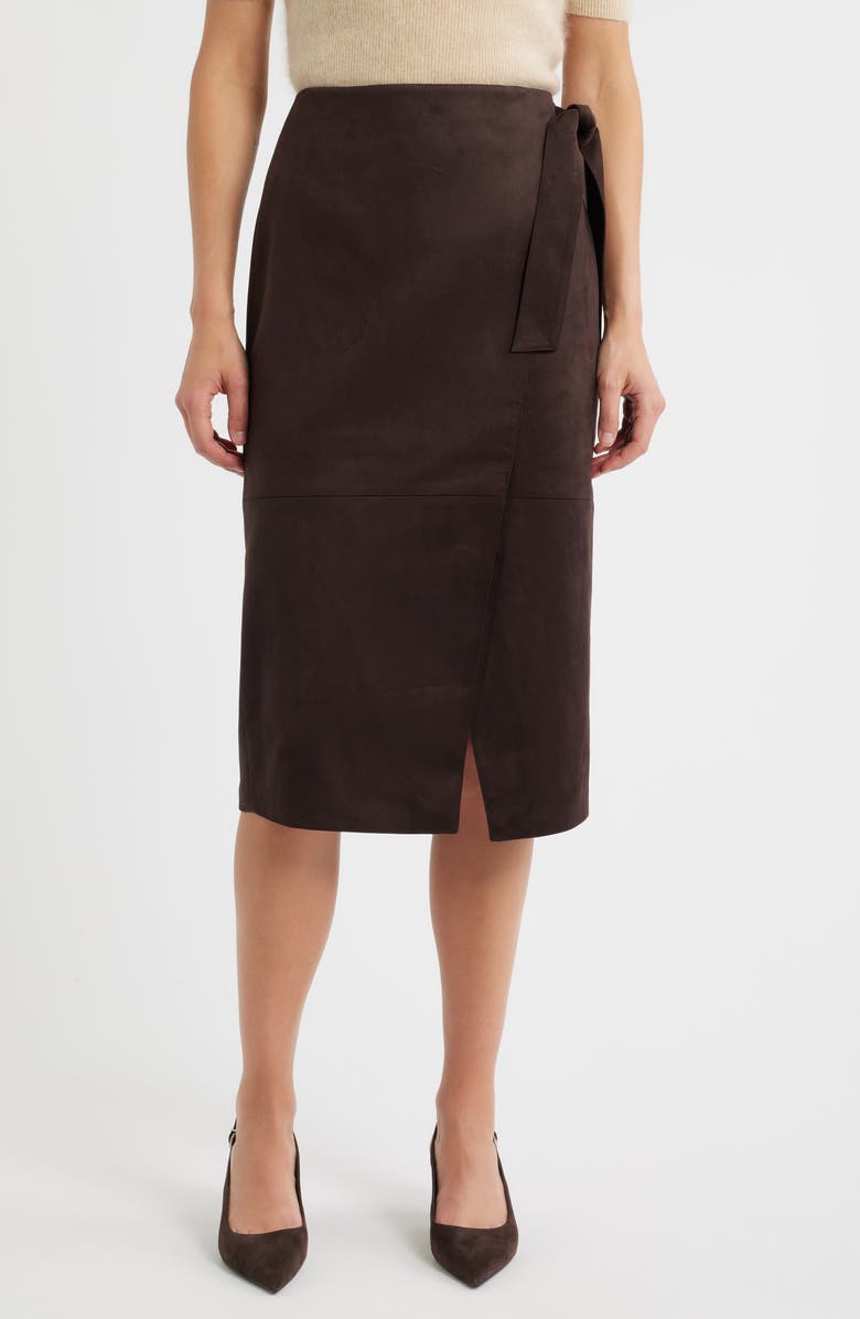 Elie Tahari The Danica Faux Wrap Faux Suede Skirt, Main, color, Bistro Brown